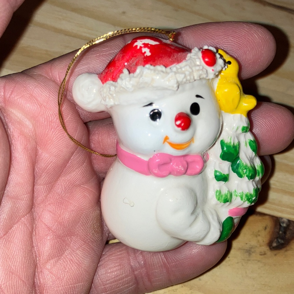 Napco Vintage Festive Snowman Christmas Ornament Spaghetti Art Trim 2.5”
